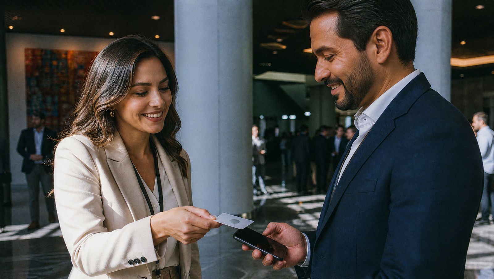 Dos ejecutivos en un evento de negocios compartiendo su contacto acercando una tarjeta al celular